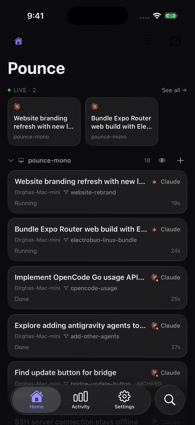 The Pounce home screen: live agent sessions across a machine, with the ones needing attention pinned to the top