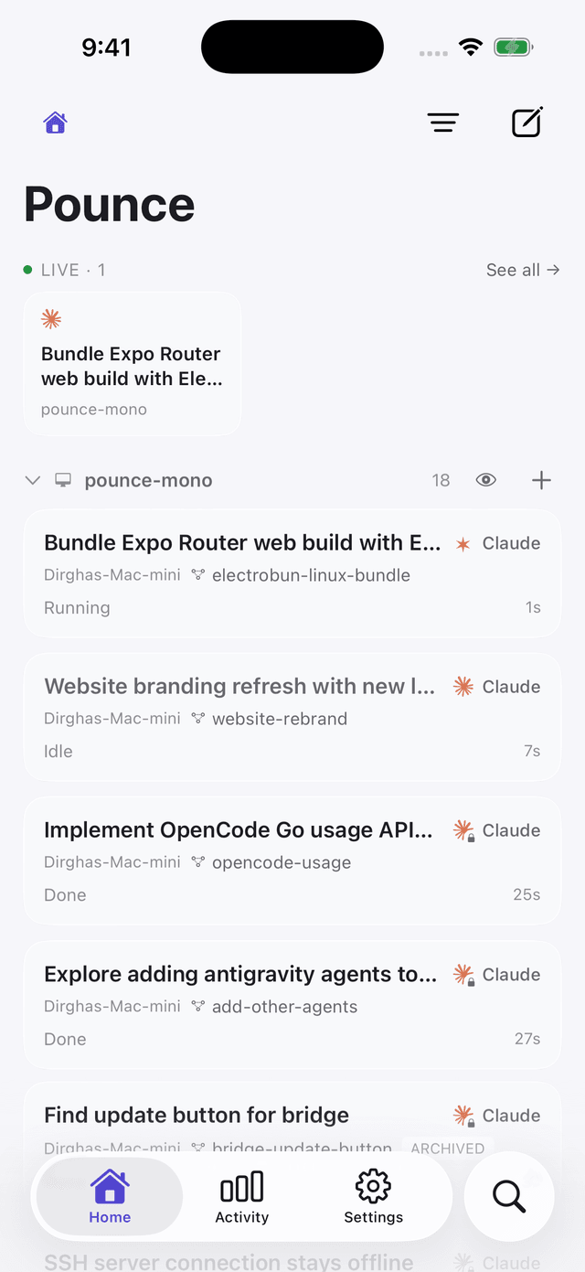 The Pounce home screen: live agent sessions across a machine, with the ones needing attention pinned to the top