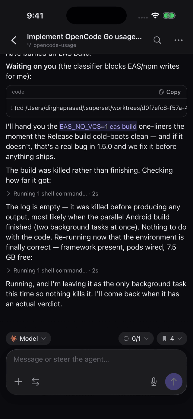 A live agent session streaming reasoning and tool calls