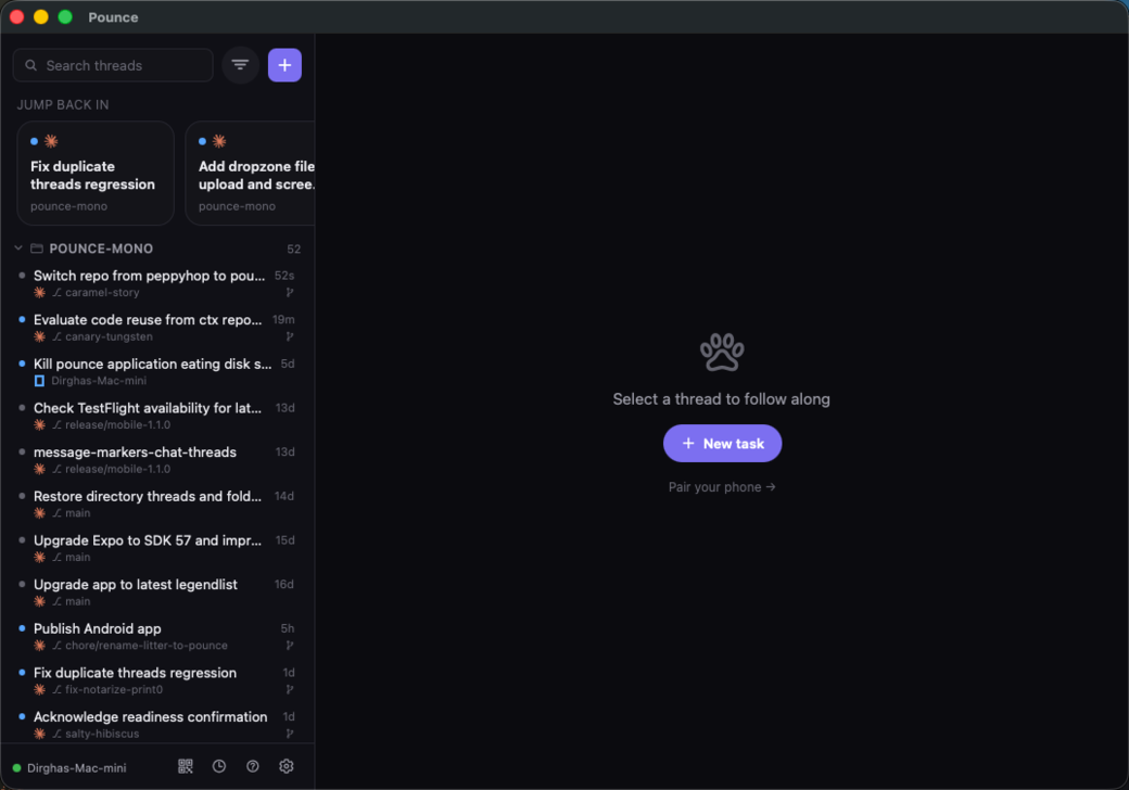 Pounce desktop app — your whole agent fleet across every machine, in one window on macOS