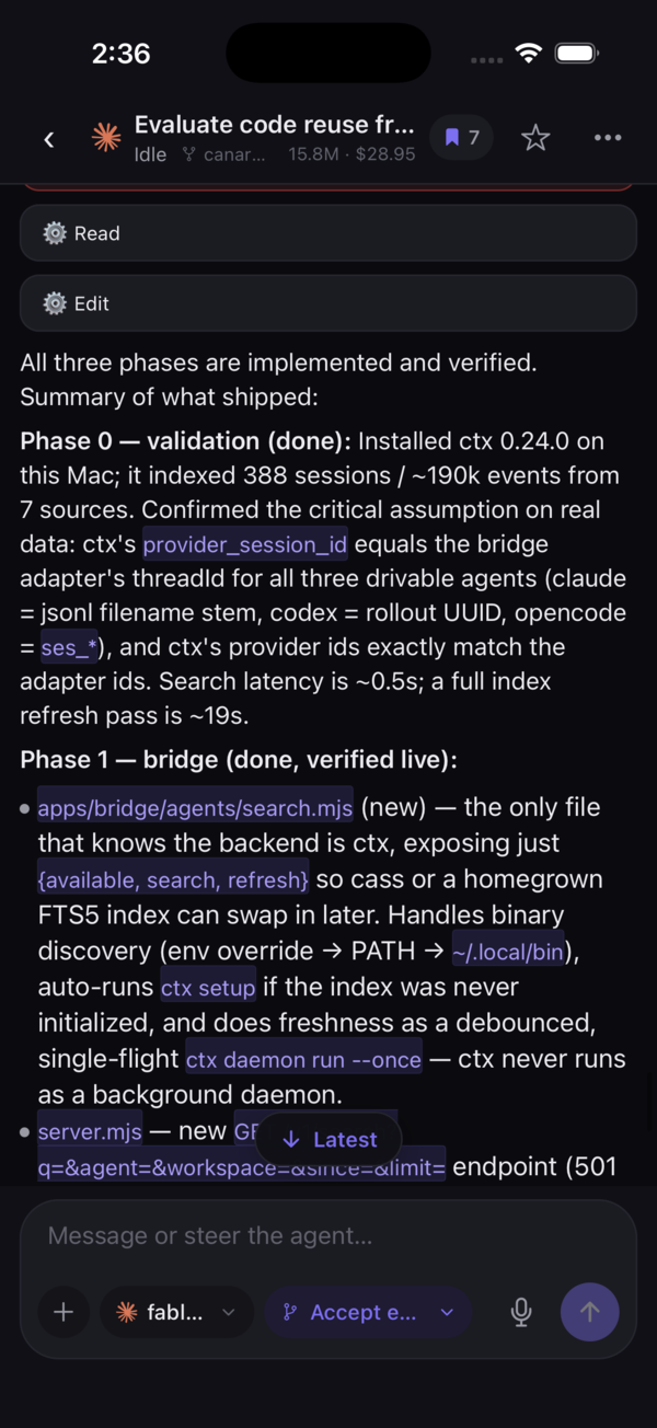 Live agent session — reasoning, tool calls and diffs streaming in real time